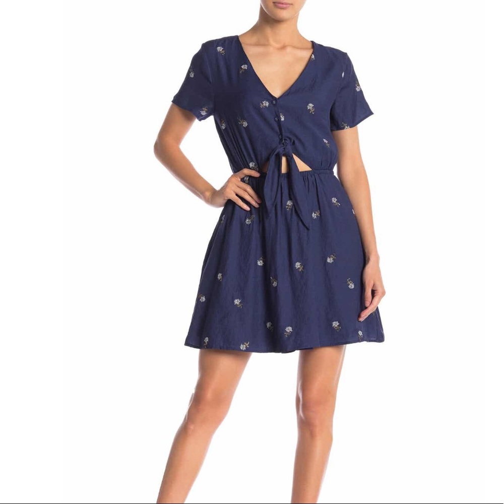 J.O.A Embroidered Floral Tie Front Mini Dress